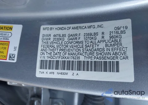 2019 Honda Accord Sport z USA, uszkodzony, nr VIN 1HGCV1F3XKA176235